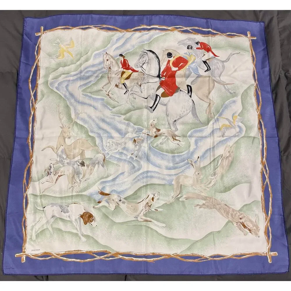 Vintage Wathne Silk Equestrian Fox Hunt Scarf Horses Hounds 35”